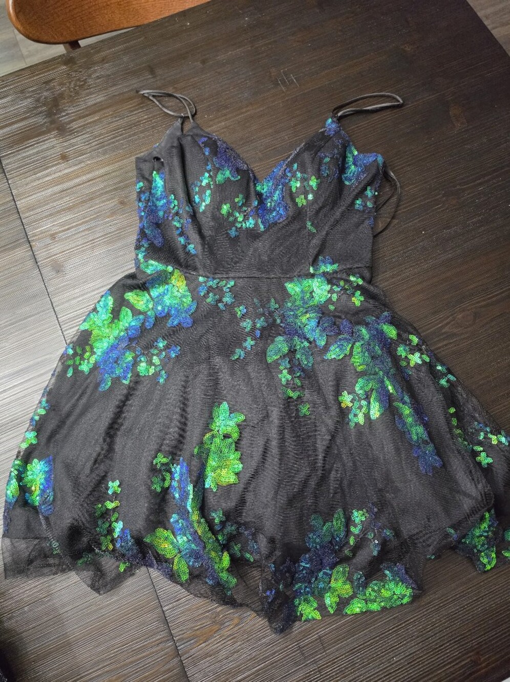 City Studio Black Dress with Green and Blue Sequin Floral Appliqué